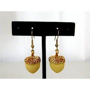 Flat Acorn Fishhook Earrings Gold Tone Beige/Tan See Item Description